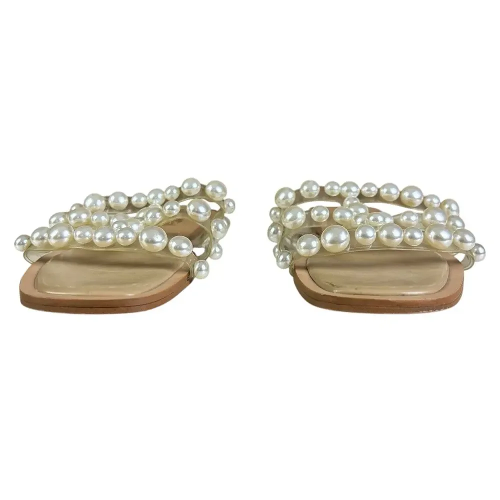 Zara Sandals Women Sz 40 (US 9) Clear Strap Pearl Embellished Coastal Slide Flat - Picture 4 of 9